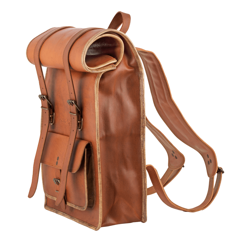 Johnny Fly Co. Rolltop vintage ruzak heren bruin zijkant